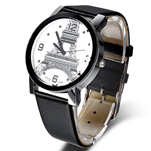 JewelryWe Herren Armbanduhr, Leder Armband Analog Quarz Business Uhr mit Eiffelturm Zifferblatt, Schwarz