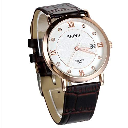 JewelryWe Herren Armbanduhr, Analog Quarz Wasserdicht, Exquisite Braun Leder Armband Uhr mit Weiss Strass Kalender Zifferblatt