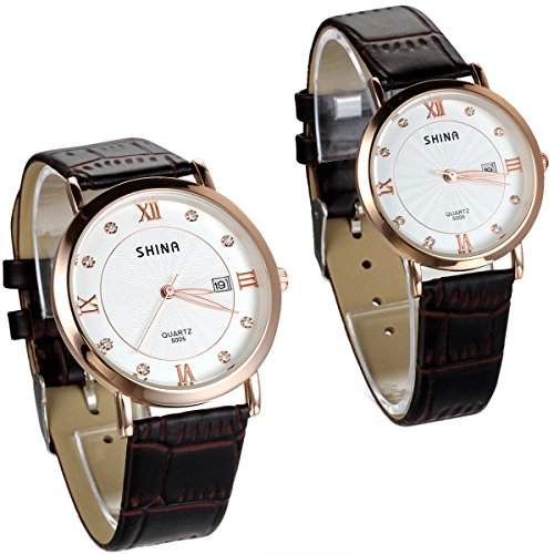 JewelryWe 2pcs Herren Damen Armbanduhr, Analog Quarz Wasserdicht, Exquisite Braun Leder Armband Uhr mit Weiss Strass Kalender Zifferblatt