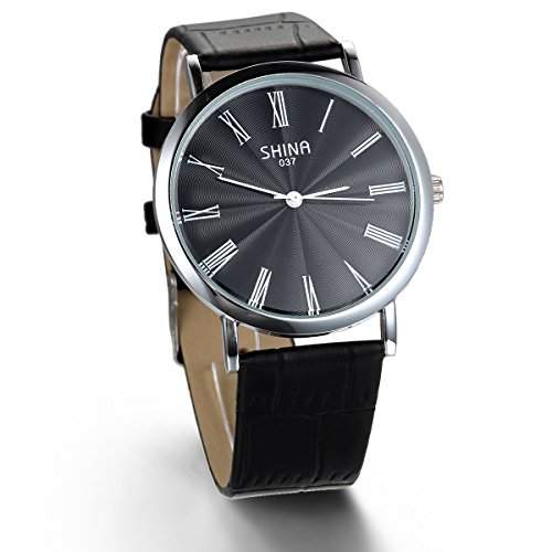 JewelryWe Herren Armbanduhr, Analog Quarz Wasserdicht, Fashion Einfach Business Schwarz Leder Armband Uhr mit Schwarz roemischen Ziffern Zifferblatt