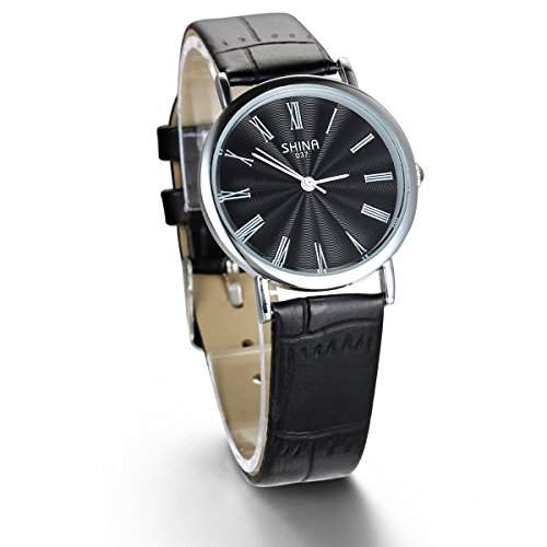 JewelryWe Damen Armbanduhr, Analog Quarz Wasserdicht, Fashion Einfach Business Schwarz Leder Armband Uhr mit Schwarz roemischen Ziffern Zifferblatt