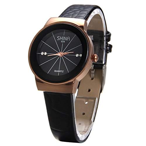 JewelryWe Damen Armbanduhr, Analog Quarz Wasserdicht, Fashion Einzigartig Elegant Schwarz Leder Armband Uhr mit Strass Schwarz Zifferblatt
