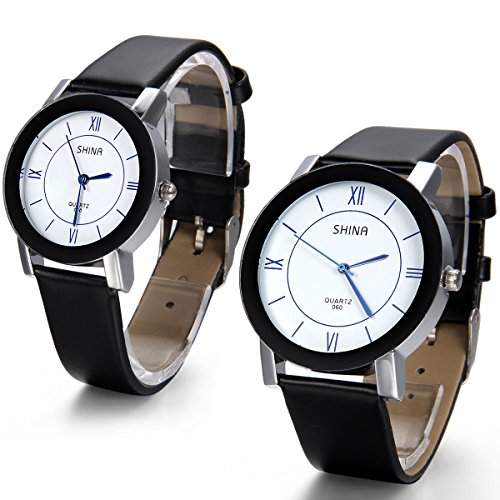 JewelryWe 2pcs Herren Damen Armbanduhr, Leder Legierung, Analog Quarz Armband Uhr mit Weiss Zifferblatt, Schwarz