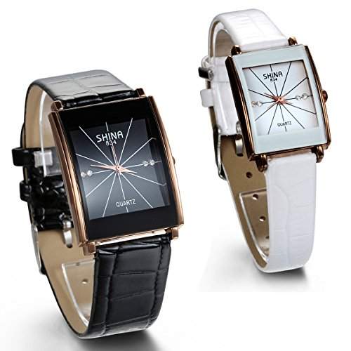 JewelryWe 2pcs Herren Damen Armbanduhr, Analog Quarz Wasserdicht, Luxus Klassische Leder Armband Uhr mit Quadrat Zifferblatt, Schwarz Weiss