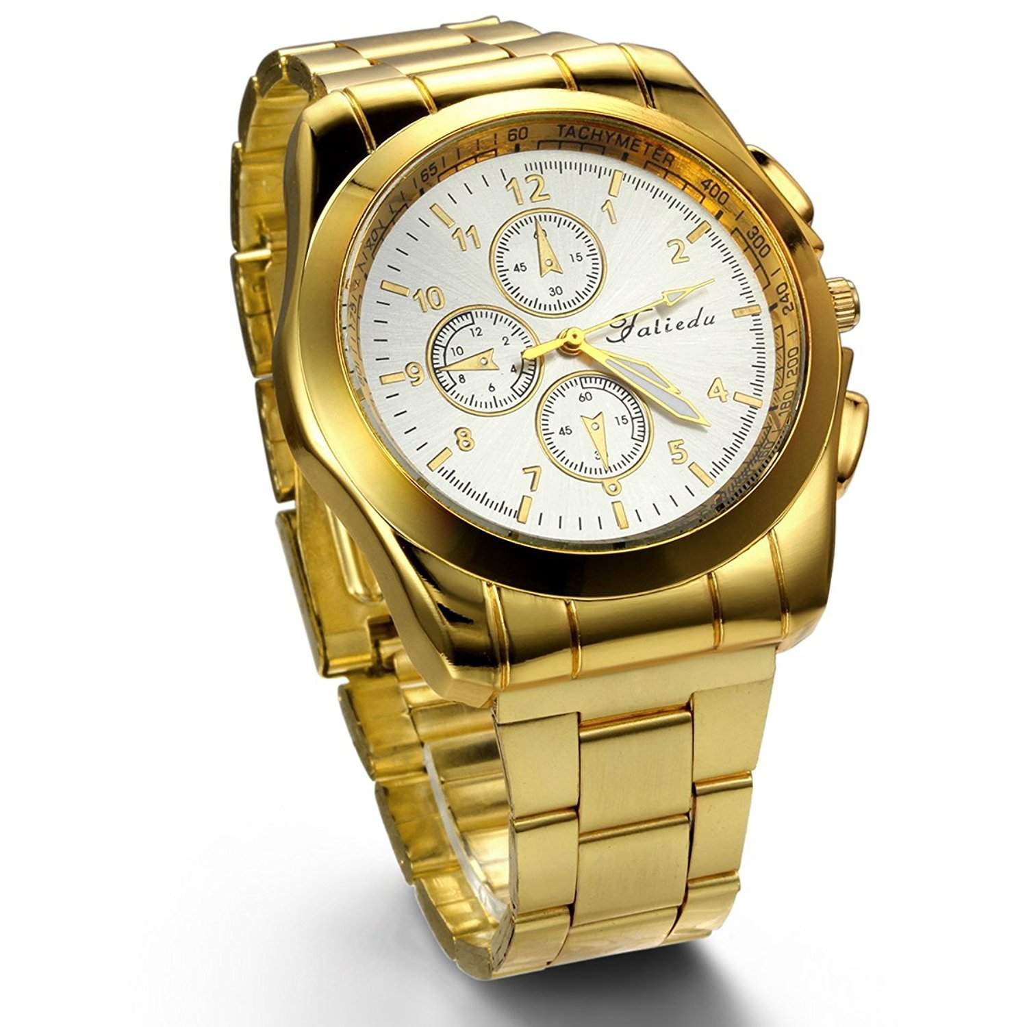 JewelryWe Herren Armbanduhr, Edelstahl Legierung, Analog Quarz Armband Uhr mit Digital Zifferblatt, Gold Weiss