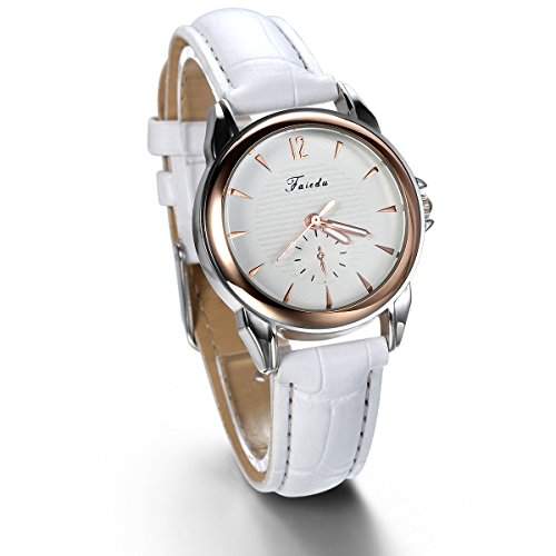 JewelryWe Damen Armbanduhr, Analog Quarz, Klassische Business Casual Uhr mit Leder Armband, Weiss