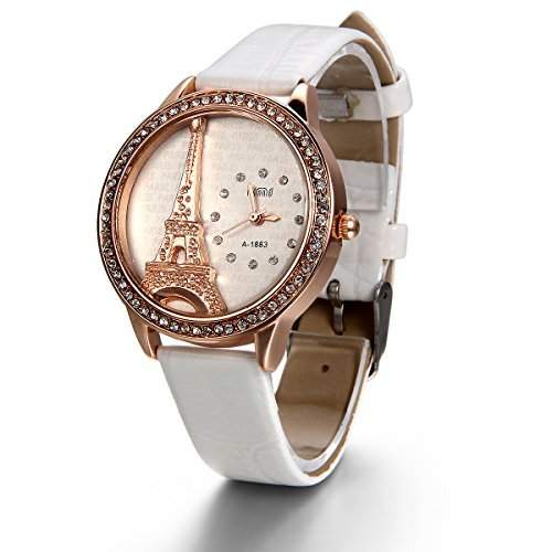 JewelryWe Damen Armbanduhr, Analog Quarz, Exquisite Leder Armband Uhr mit Strass Eiffelturm Zifferblatt, Weiss