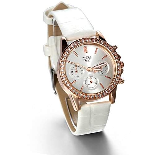 JewelryWe Damen Armbanduhr, Analog Quarz, Fashion Exquisite Leder Armband Uhr mit Strass Zifferblatt, Weiss