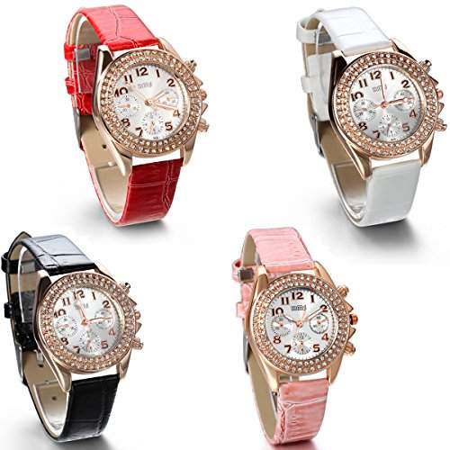 JewelryWe 3pcs Damen Armbanduhr, Analog Quarz, Fashion Luxus Leder Armband Uhr mit 2 Strass Linien Zifferblatt, Rot Schwarz Weiss