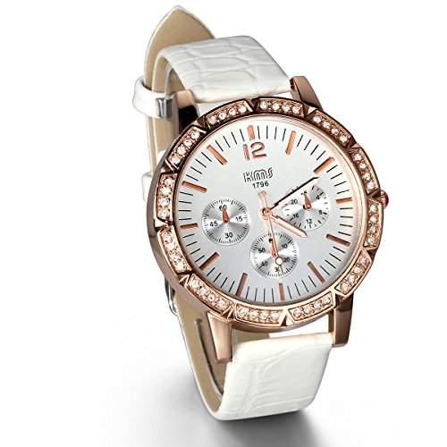 JewelryWe Damen Armbanduhr, Analog Quarz, Fashion Luxus Strass Uhr mit Leder Armband, Weiss
