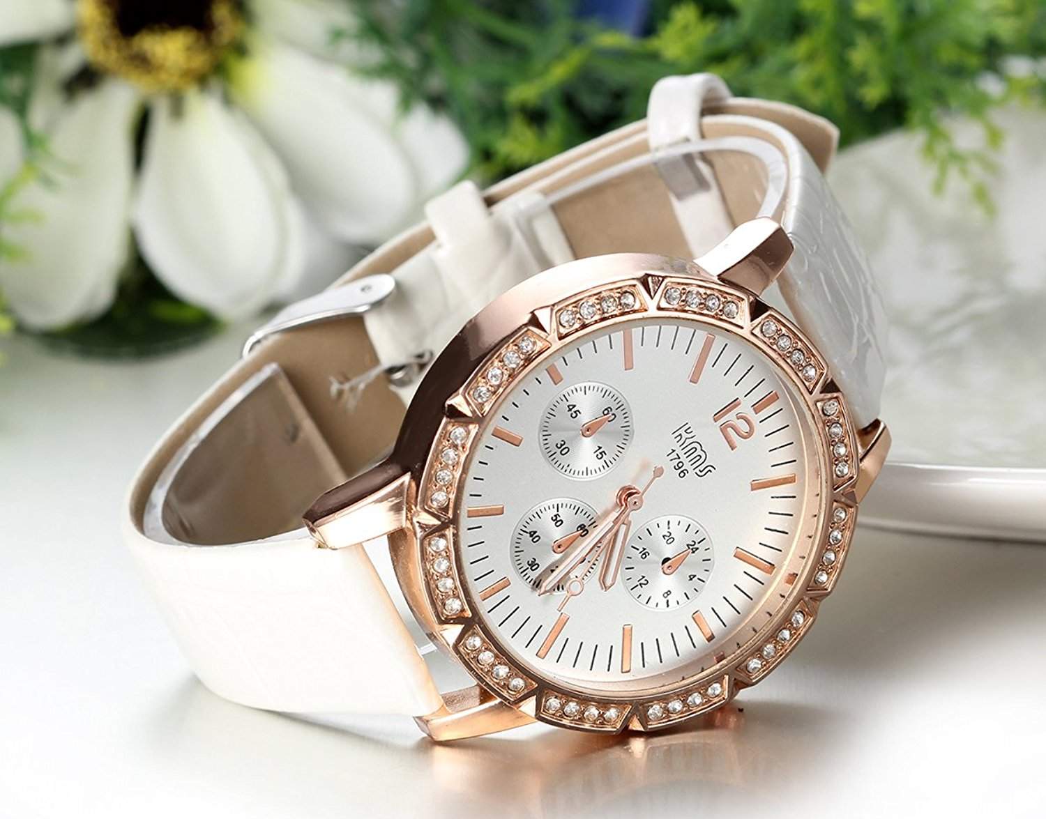 JewelryWe 3pcs Damen Armbanduhr, Analog Quarz, Fashion Luxus Strass Uhr mit Leder Armband, Rosa Schwarz Weiss