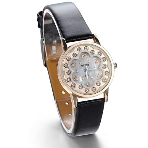 JewelryWe Damen Armbanduhr, Analog Quarz, Fashion Exquisit Leder Armband Uhr mit Rund Strass Blume Zifferblatt, Schwarz Weiss