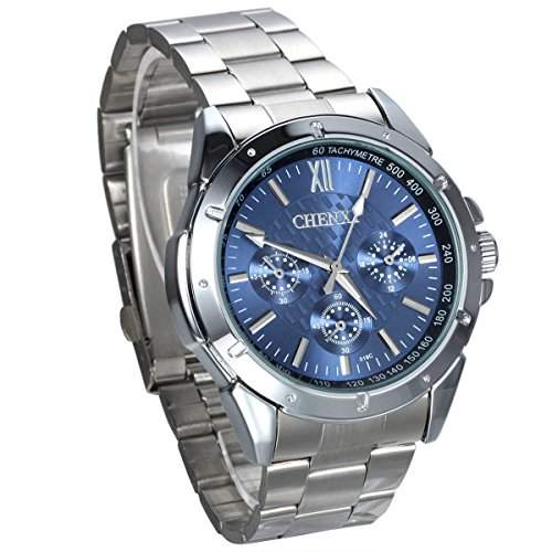 JewelryWe Herren Armbanduhr, Business Casual Analog Quarz Uhr mit Edelstahl Armband, Blau Zifferblatt
