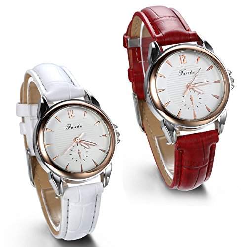JewelryWe 2pcs Damen Armbanduhr, Analog Quarz, Klassische Business Casual Uhr mit Leder Armband, Rot Weiss