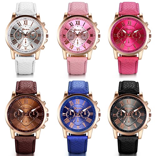 JewelryWe 6pcs Elegant Exquisit Casual Analog Quarz Leder Armband Uhr mit bonbonfarbenen Roemischen Ziffern Zifferblatt 6 Farben