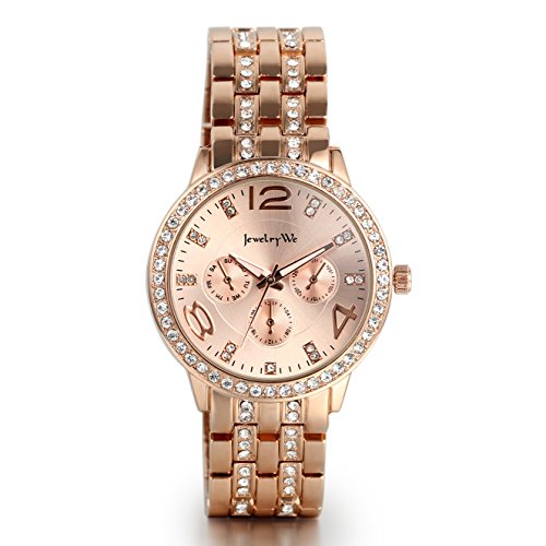 JewelryWe Damen Luxus Elegant Business Casual Analog Quarz Uhr mit Edelstahl Strass Armband Rosegold