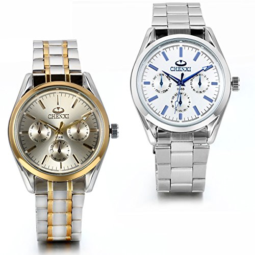 JewelryWe 2PCS Analog Quarz Luxus Elegant Business Uhr mit Edelstahl Armband Rund Zifferblatt