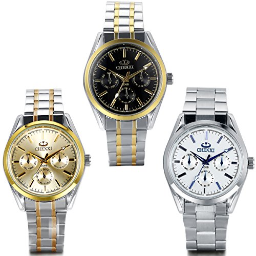JewelryWe 3PCS Analog Quarz Luxus Elegant Business Uhr mit Edelstahl Armband Rund Zifferblatt Silber Gold Schwarz