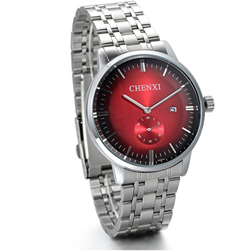 JewelryWe Analog Quarz Luxus Elegant Business Kalender Uhr mit Edelstahl Armband Rund Zifferblatt Silber Rot