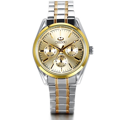 JewelryWe Analog Quarz Luxus Elegant Business Uhr mit Gold Silber Edelstahl Armband Gold Rund Zifferblatt