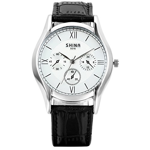 JewelryWe Analog Quarz Einfach Business Casual Leder Armband Uhr mit Roemische Ziffern Zifferblatt Schwarz Weiss