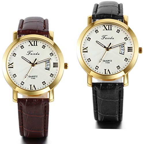 JewelryWe 2PCS Analog Quarz Fashion Business Casual Kalender Schwarz Braun Leder Armband Uhr mit Roemischen Ziffern Zifferblatt