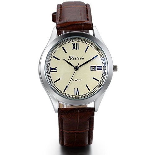 JewelryWe Analog Quarz Einfach Business Casual Kalender Leder Armband Uhr mit Weiss Roemischen Ziffern Zifferblatt Blau Zeiger Braun