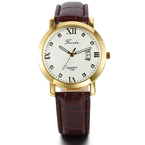 JewelryWe Analog Quarz Fashion Business Casual Kalender Braun Leder Armband Uhr mit Roemischen Ziffern Zifferblatt