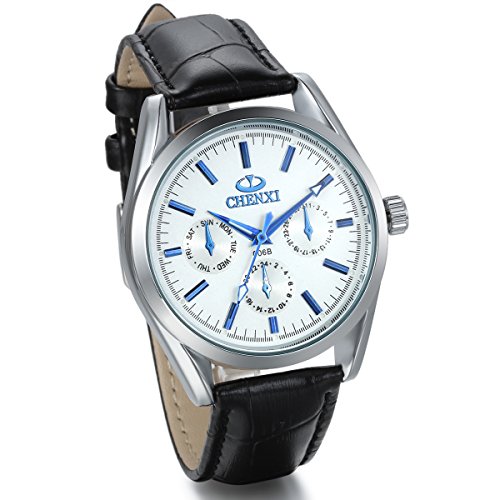 JewelryWe Fashion Business Casual Analog Quarz Uhr mit Leder Armband Weiss Zifferblatt Blau Gauge Nadeln