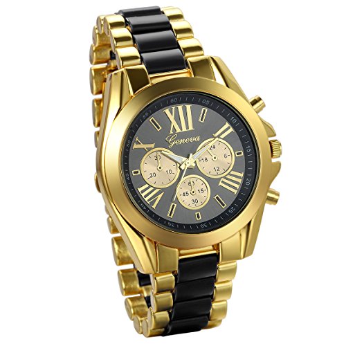 JewelryWe Analog Quarz Business Casual Edelstahl Armband Uhr mit Roemischen Ziffern Zifferblatt Gold Schwarz