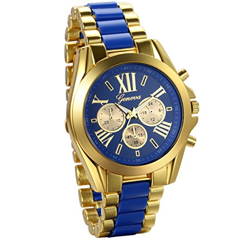 JewelryWe Analog Quarz Business Casual Edelstahl Armband Uhr mit Roemischen Ziffern Zifferblatt Gold Blau