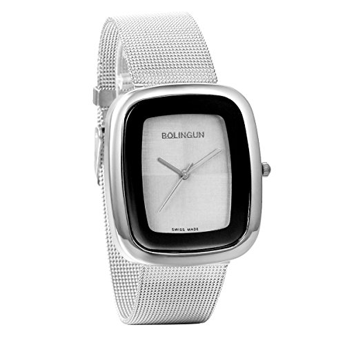 JewelryWe Fashion Casual Quarz Analog Edelstahl Mesh Uhrarmband Uhr mit Quadrat Zifferblatt Silber