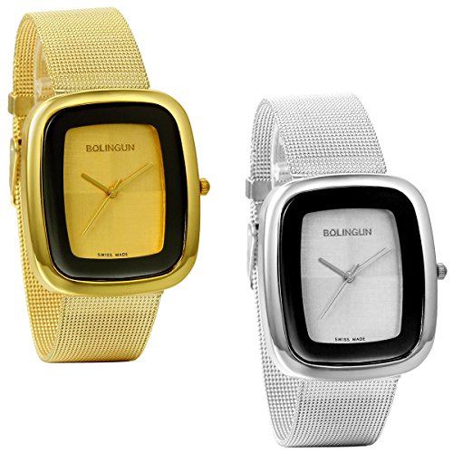 JewelryWe 2pcs Fashion Casual Quarz Analog Edelstahl Mesh Uhrarmband Uhr mit Quadrat Zifferblatt Gold Silber