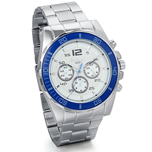 JewelryWe Analog Quarz Edelstahl Armband Sport Uhr mit Blau Drehbare Uhrgehaeuse Weiss Digital Zifferblatt Silber