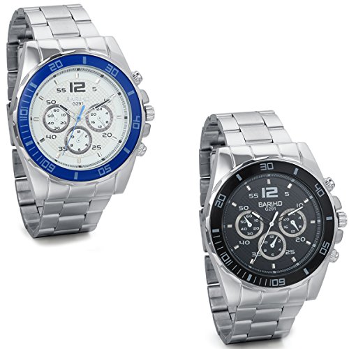 JewelryWe 2pcs Analog Quarz Edelstahl Armband Sport Uhr mit Drehbare Uhrgehaeuse Digital Zifferblatt Schwarz Blau Silber