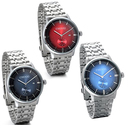 JewelryWe 3pcs Analog Quarz Luxus Elegant Business Kalender Uhr mit Silber Edelstahl Armband Rund Zifferblatt Dunkelblau Blau Rot