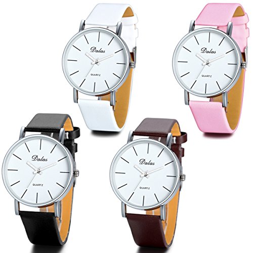 JewelryWe 4PCS Herren Einfach Charm Casual Analog Quarz Leder Armband Uhr mit Weiss Runde Zifferblatt 4 Farben