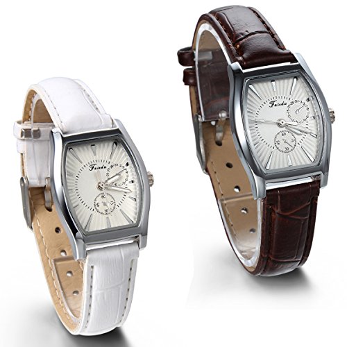 JewelryWe 2pcs Analog Quarz Einfach Business Casual Leder Armband Uhr mit Quadrat Zifferblatt Braun Weiss