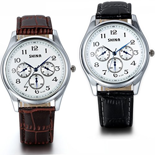JewelryWe 2PCS Analog Quarz Einfach Business Casual Uhr mit Schwarz Braun Leder Armband Weiss Digital Zifferblatt