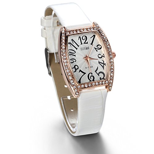 JewelryWe Analog Quarz Einfach Exquisit Leder Armband Uhr mit Strass Digital Zifferblatt Weiss