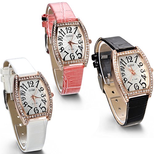 JewelryWe 3pcs Analog Quarz Einfach Exquisit Leder Armband Uhr mit Strass Digital Zifferblatt Pink Schwarz Weiss