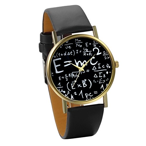 JewelryWe Herren Unisex Albert Einstein Formel E mc Relativitaetstheorie Mathe Physik Quarz Analog Uhr mit Leder Band Schwarz