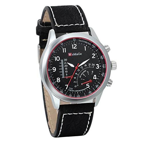 JewelryWe Herren Quarz Uhr Armbanduhr Einzeigeruhr Leder Armband 24H Digital Zifferblatt Temperaturanzeige Schwarz