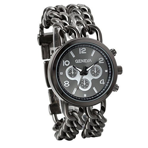 JewelryWe Herren Unisex Elegant Einzigartig Quarz Analog Uhr mit Edelstahl Kette Armband Schwarz