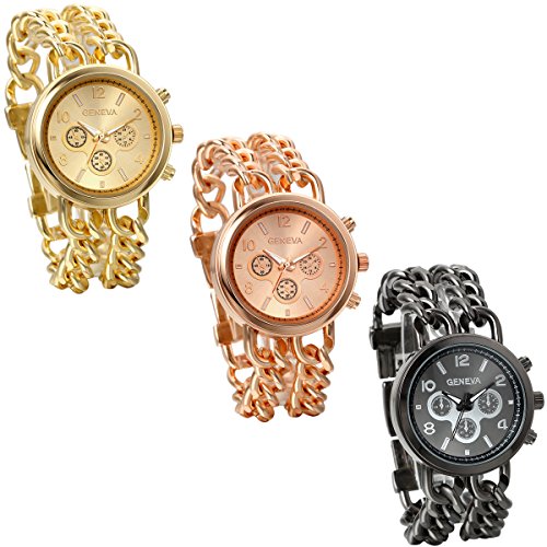 JewelryWe 3pcs Herren Unisex Elegant Einzigartig Quarz Analog Uhr mit Edelstahl Kette Armband Schwarz Gold Rose Gold