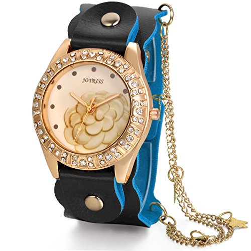 JewelryWe Elegant Charm Kamelie Strass Zifferblatt Analog Quarz Uhr mit Kette Leder Armband Schwarz