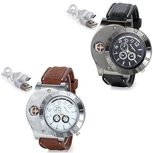 JewelryWe 2pcs Analog Quarz Silikon Armband Uhr mit USB aufladbare elektronische Winddicht flammenlose Zigarettenanzuender Schwarz Braun