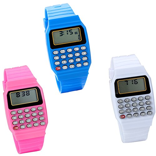 JewelryWe 3pcs Jungen Maedchen Studenten Digital elektronische Taschenrechner Uhr Calculator Watch mit Resin Armband Weiss Pink Blau