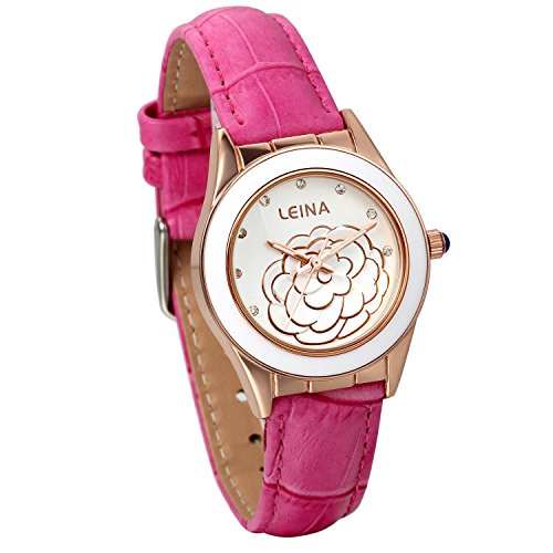 JewelryWe Exquisit Leder Analog Quarz Uhr mit Strass Kamelie Blume Zifferblatt Keramik Dial Kreis Rosa