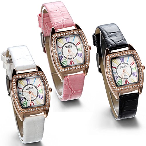JewelryWe 3pcs Analog Quarz Fashion Casual Leder Armband Uhr mit Strass farbigen Roemischen Ziffern Zifferblatt Pink Schwarz Weiss